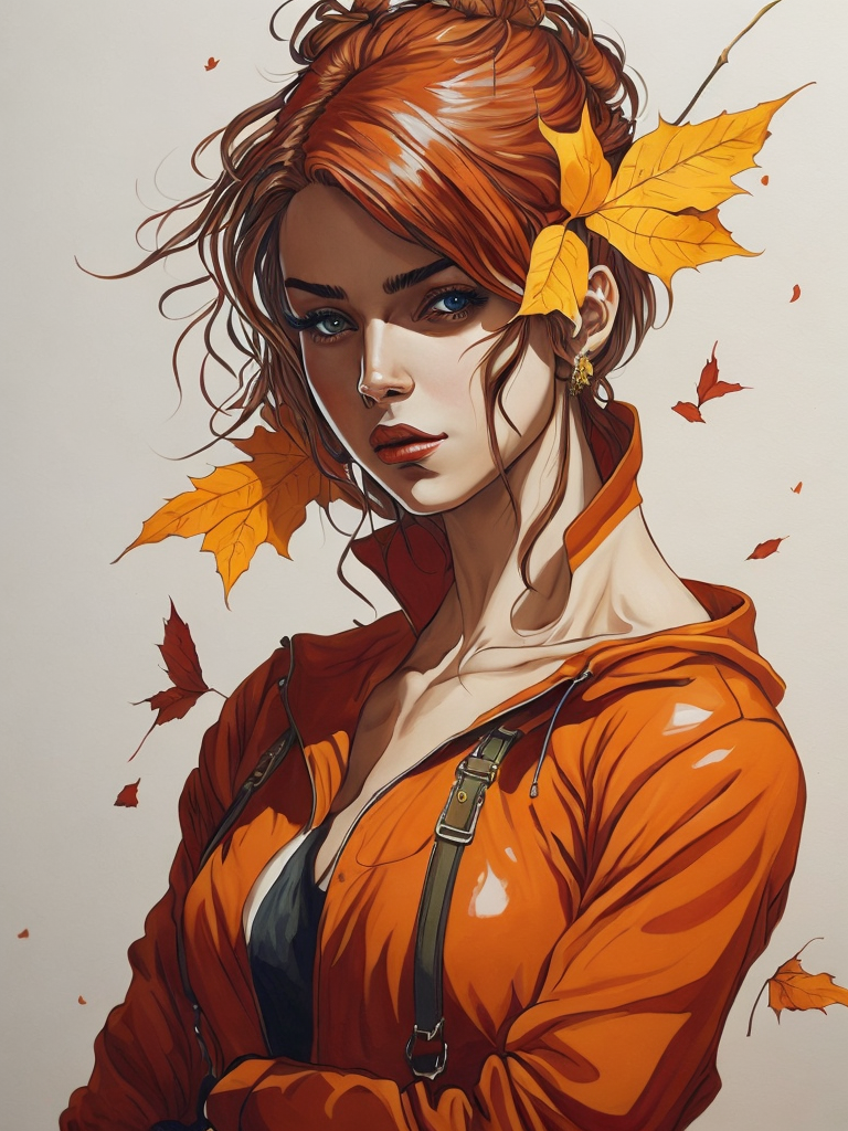A beautiful full-height girl in an autumn attire. Around her, yellow fallen leaves are swirling, with plenty of sunlight. In the background, there are ripe red apples. Around her, flowers are in full bloom, it's morning. The girl is looking at her reflection in the lake.