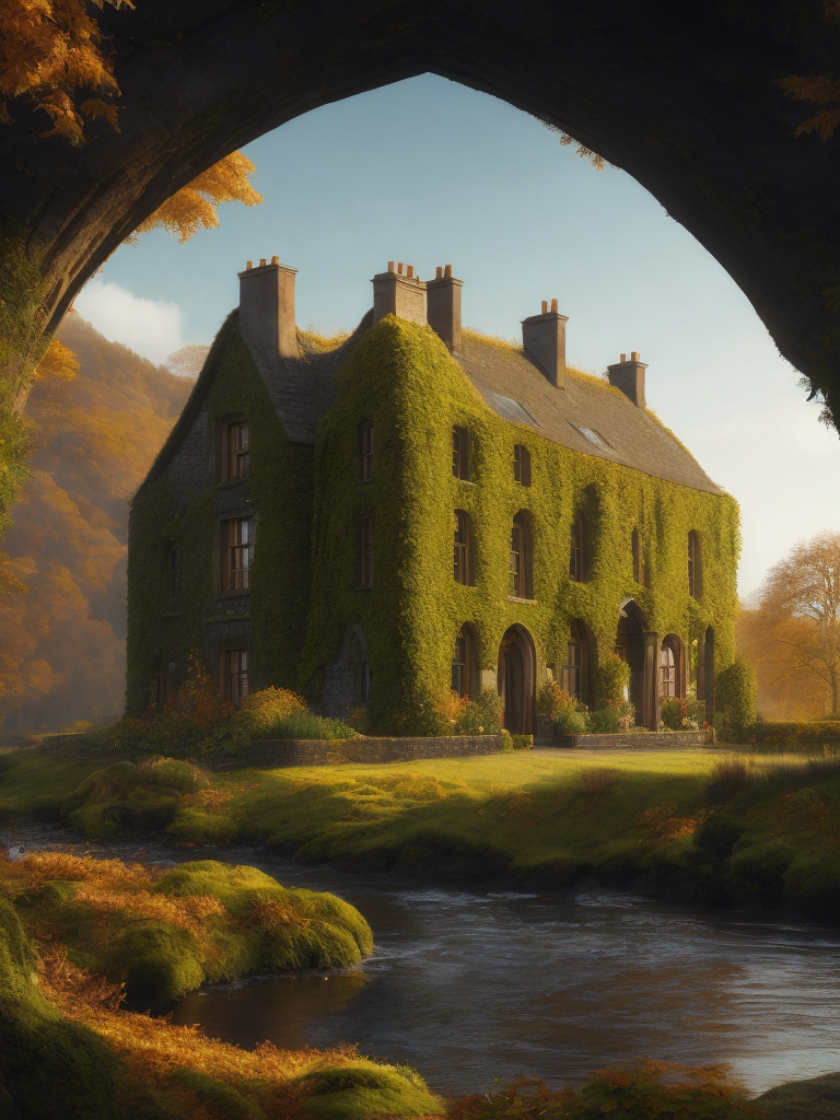 cinematic masterpiece, giant massive moss covered irish stone fantasy cottage built on top of huge archway spanning across a river shamrock, autumnal ivy gradient