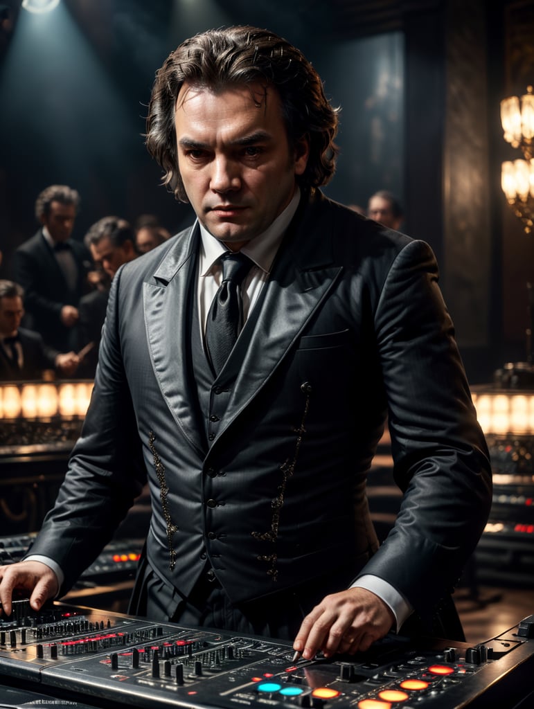 Ludwig van Beethoven in a 18th century black suit making music on a dj table