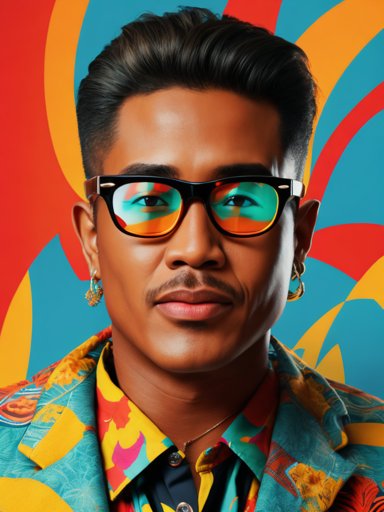 Hawaiian singer wearing a brightly patterned jacket and wayfarer glasses, Vivid saturated colors, Contrast color