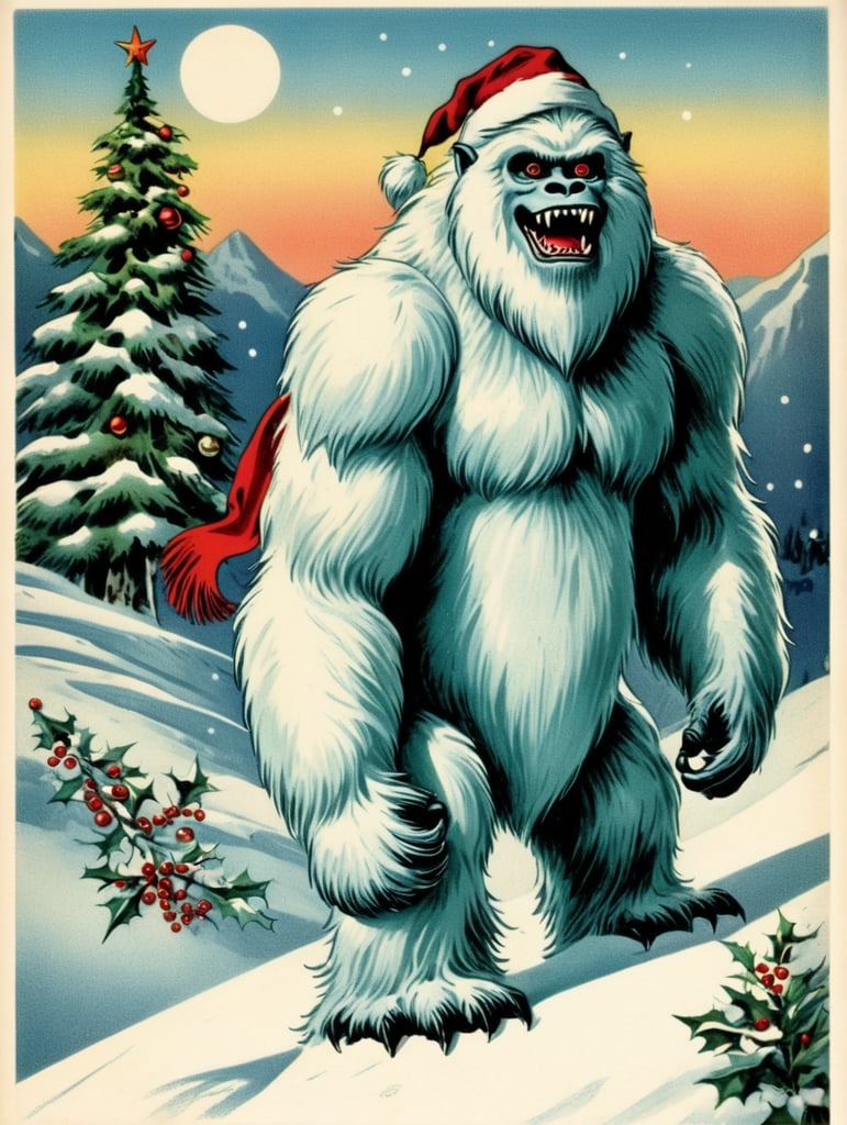 Yeti, Abominable Snowman, vintage Christmas postcard illustration