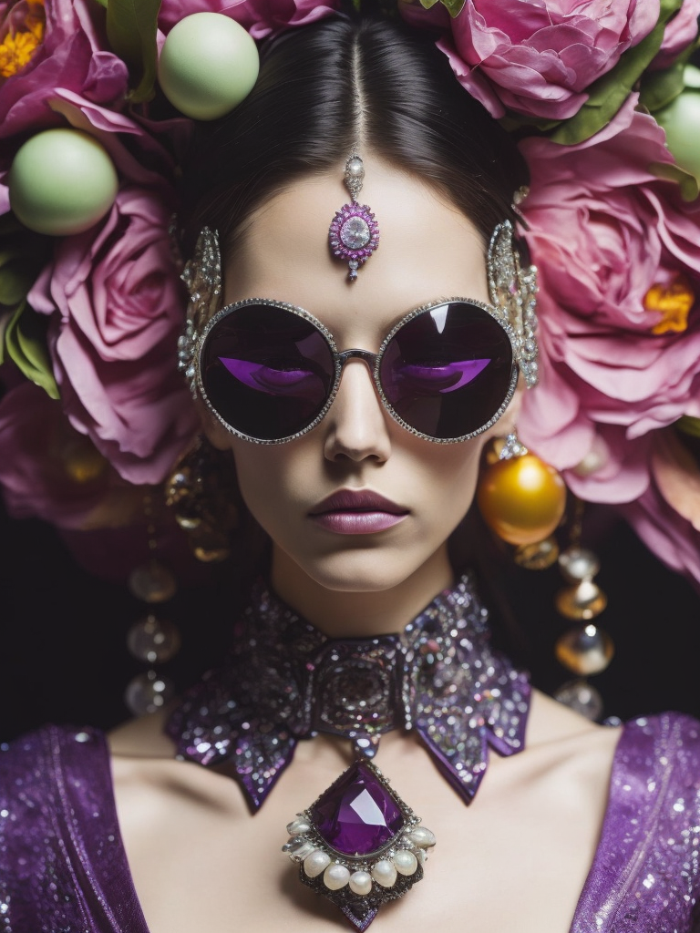 purple and pink, retrofuturism, retro future, 1970, purple healer shaman, bright, colorful rgb, dream world, Alexander McQueen Glazier, angel face, shaman, horrific, arty pose, fashion, massive huge jewelry, precious gems, massive pearls, giant white diamonds, retrofuturistic, crystal, marble, glass, floral, massive big flowers, gem flowers, hyper neon glow, dark, moody, diaphanous layered ultra haute couture, high definition, high resolution, bold vibrant colors , volumetric lighting, 8k, 3d rende, style by dior, style by channel, by Jimmy Marble and Takashi Murakami