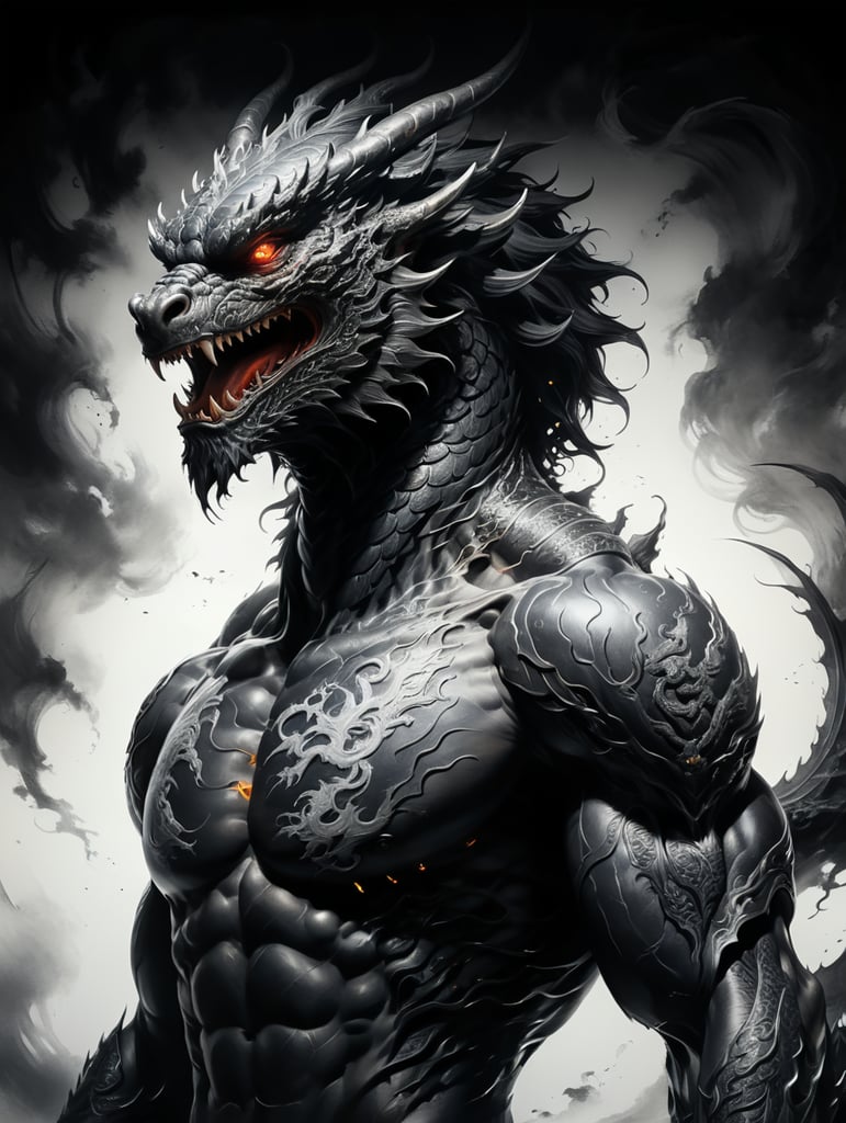 INK painting llustration by jea Lee, Inkpaintingcore, Inkpaintingcore, xu beihong, extremley line style, Silhouettes, light lines, waves, portrait, A Chinese-style dragon in the hands of a boy, Super wide Angle shot, fisheye lens, low Angle shot, Black background, Subtle use of light and shadow, Glowing upper body view, Very impactful composition, Monochromatic drawing, black and white, pixiv, 8k, best quality, extremley detailed