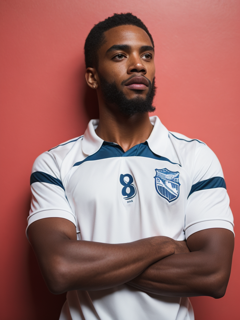 a soccer player stands in a front of the pink wall