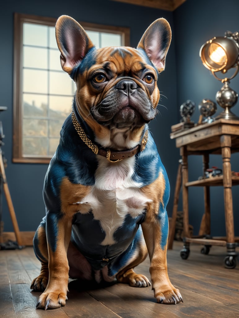 Blue and tan french bulldog with miscles looking cool standing in a plain studio