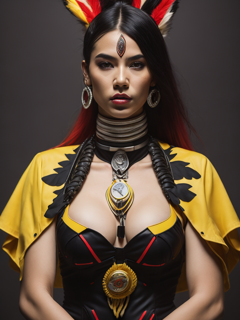 a native american woman in regalia, in the style of surreal cyberpunk iconography, red white yellow black, glamorous pin-ups, rtx on, bulbous, undefined anatomy