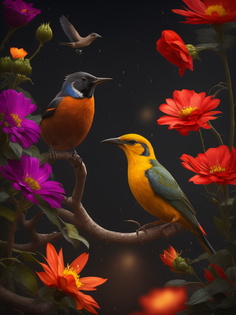 flowers and birds, deep color, sharp on details, vibrance 20, saturation 20