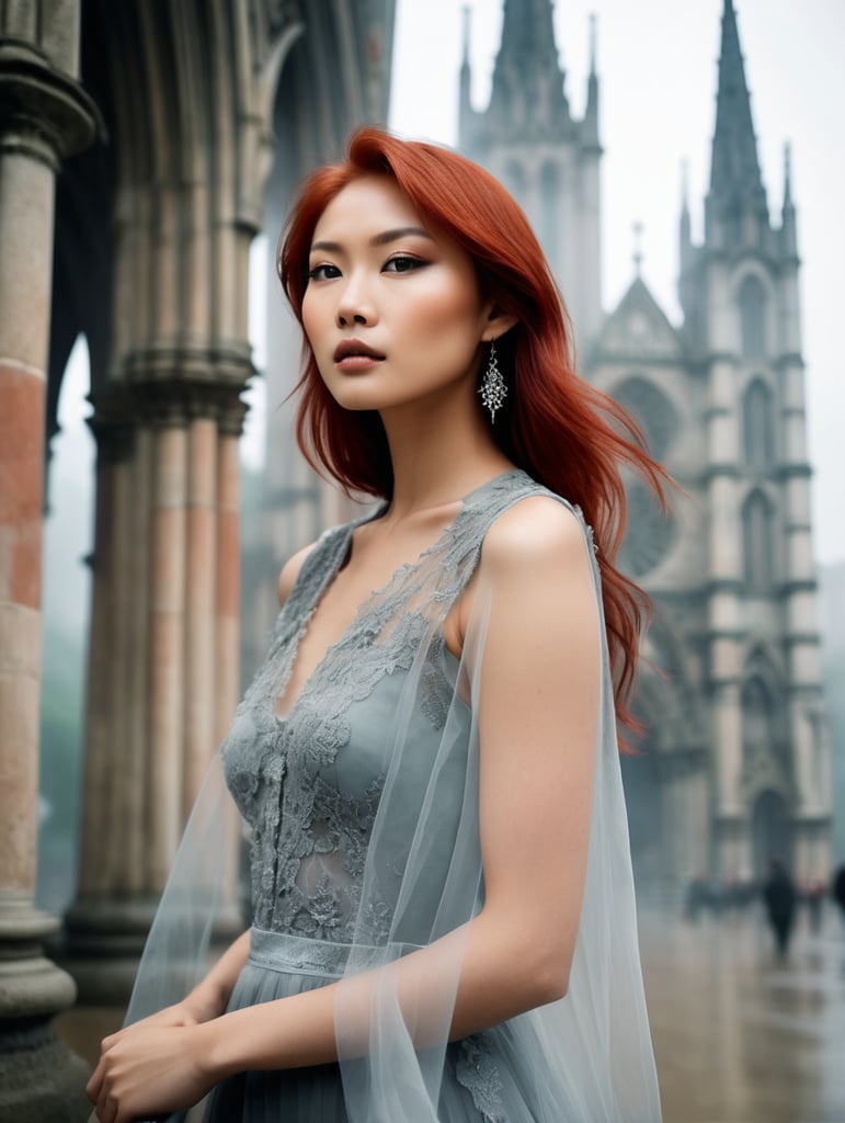 Portrait of beautiful asian fashion model with pale red hair, ethereal dreamy foggy, photoshoot by annie leibovitz, editorial fashion magazine photoshoot, fashion poses, in front of gothic cathedral architecture. kinfolk magazine. film grain. a soft smile
