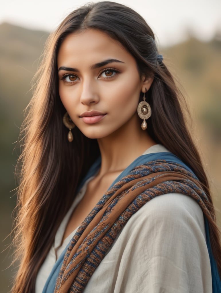 Gorgeous prettiest beautiful young adult women mixed ethnic half Albanian Italian women model, no-makeup, natural face, long single dark braid tied back hanging down back, big brown eyes, blue scarf over head