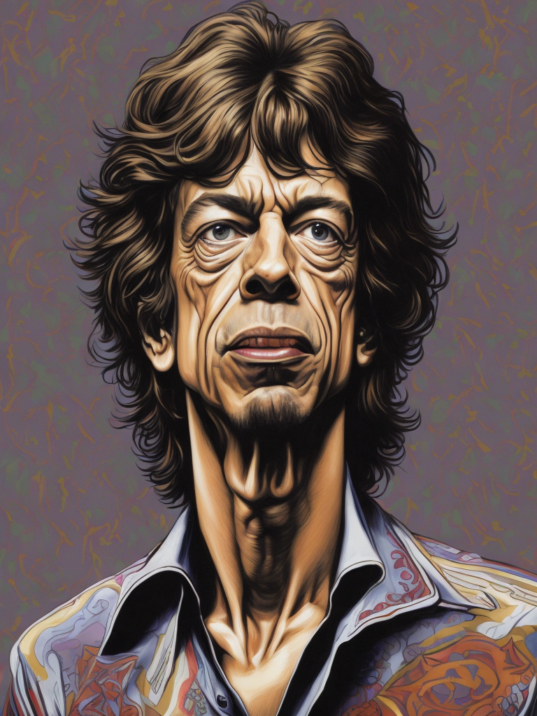 Mick Jagger drawing, in the style of iconic pop culture caricatures, hyperrealistic paintings, john larriva, chris dyer, alberto giacometti, light brown, humorous caricature