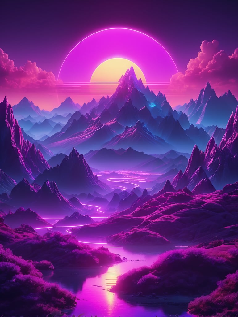 professional photography of a luxury retrowave landscape, purple neon lights, sun, mountain in the middle, fantasy world look, high dynamic range color, strong highlight, volumetric light