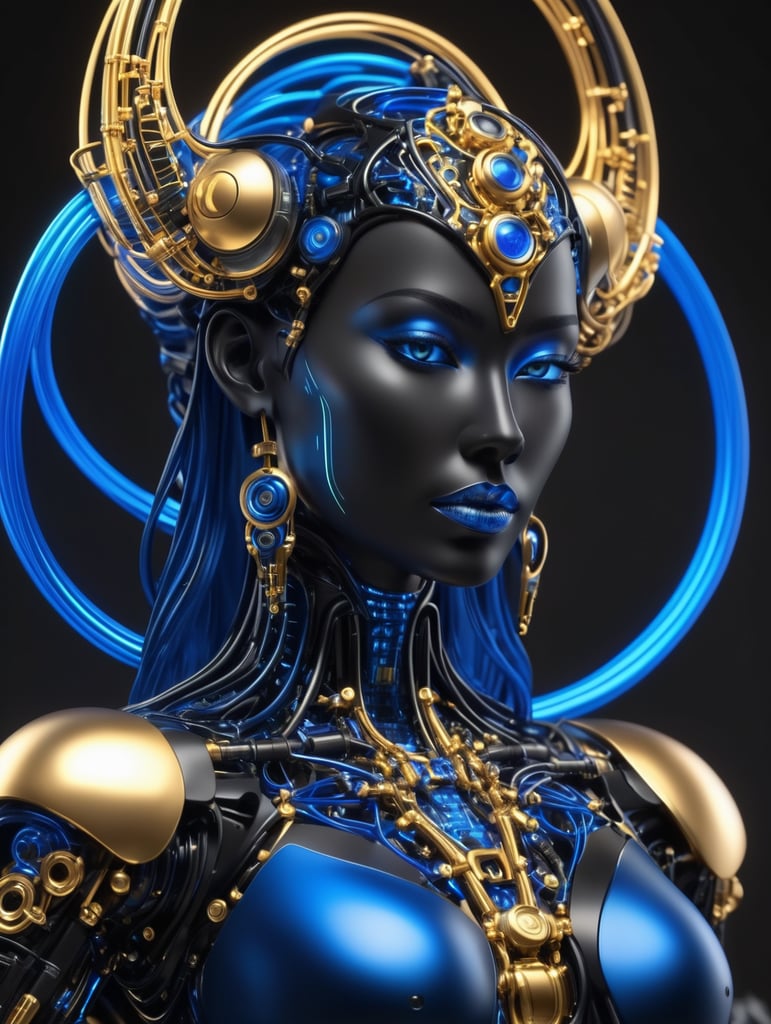 matte black and deep blue divine cyborg goddess, gold on black, octane render, translucent, neon wire and tube components, realistically detailed, soft light, evoking, liquid shapes, vibrant color palette, biotech