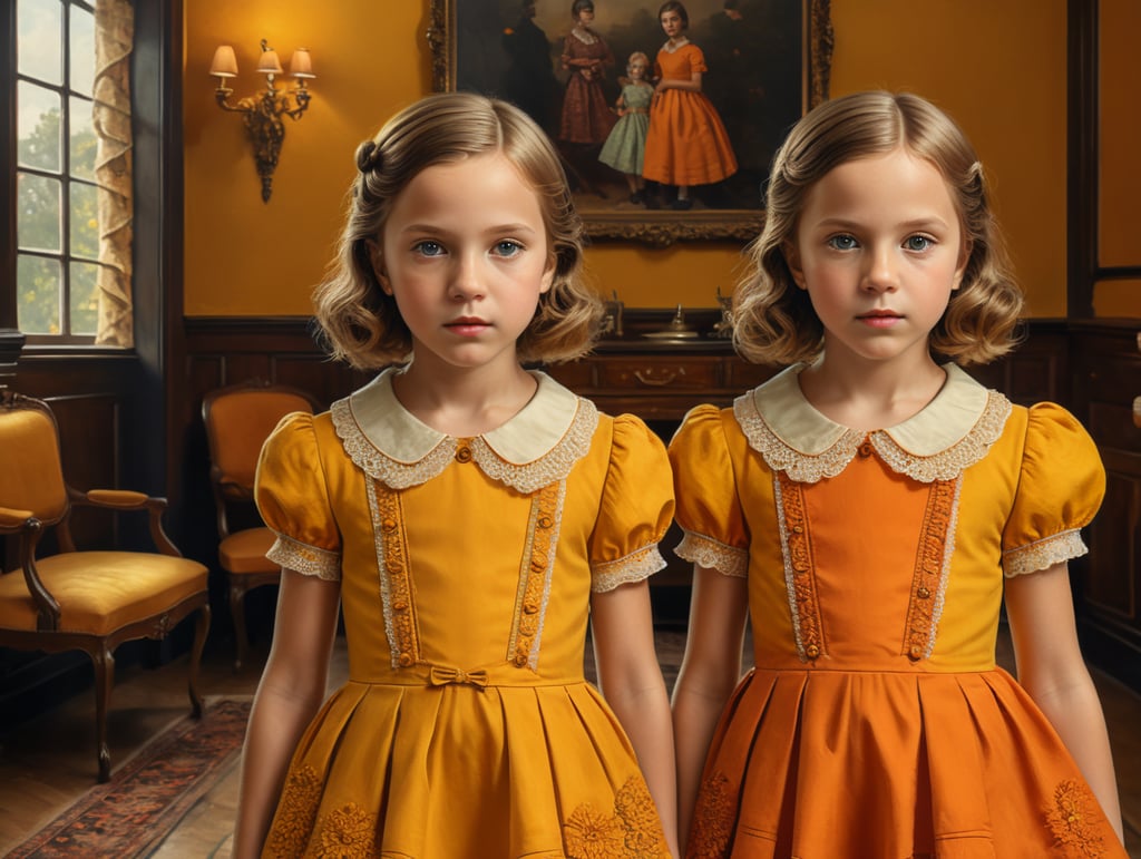 Vintage portrait of twin girls wearing a dress, complementary colors, Wes Anderson style, Incredibly high detail, Bright colors, yellow color, orange color,