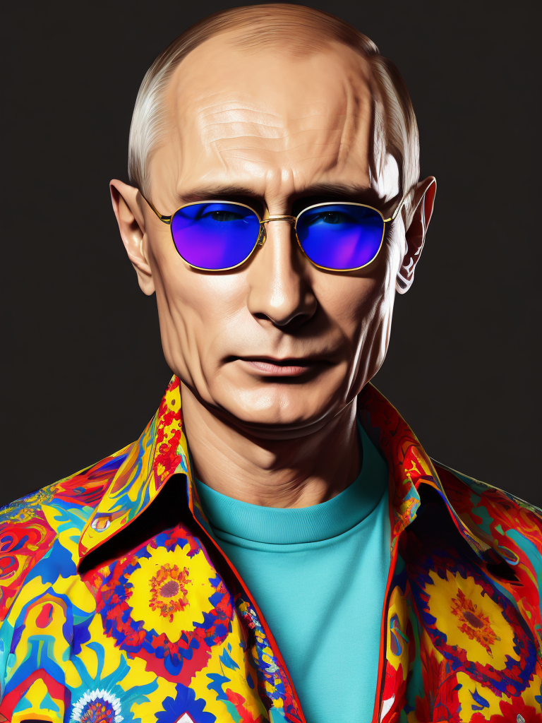 Vladimir Putin wearing a brightly patterned jacket and wayfarer glasses, Vivid saturated colors, Contrast color