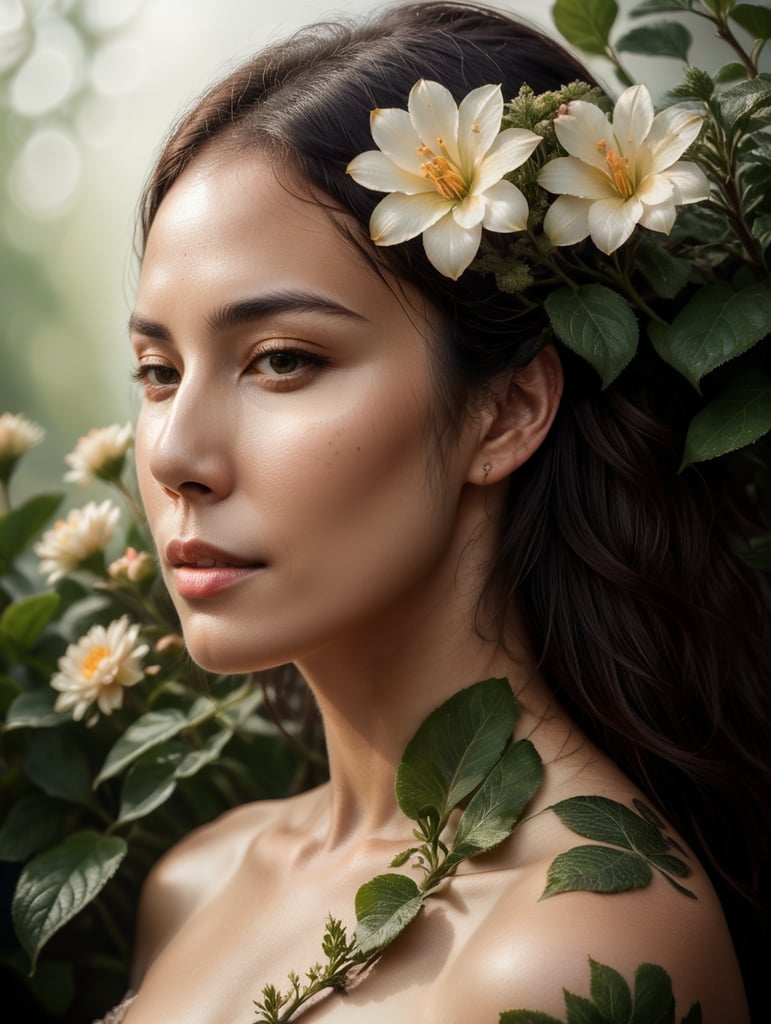 Woman with flowers growing out of skin