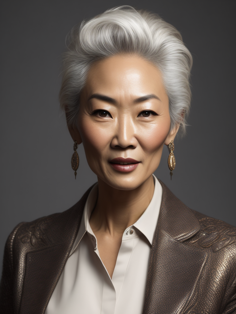 A 40yr old Chinese supermodel with classic natural Chanel make-up and beautifully styled hair, beautiful pores and skin texture, wearing plain neutral colour top with open neckline, detailed high resolution image, grey hair, natural Clinique style image, soft lighting, gentle expression, she is content with her age
