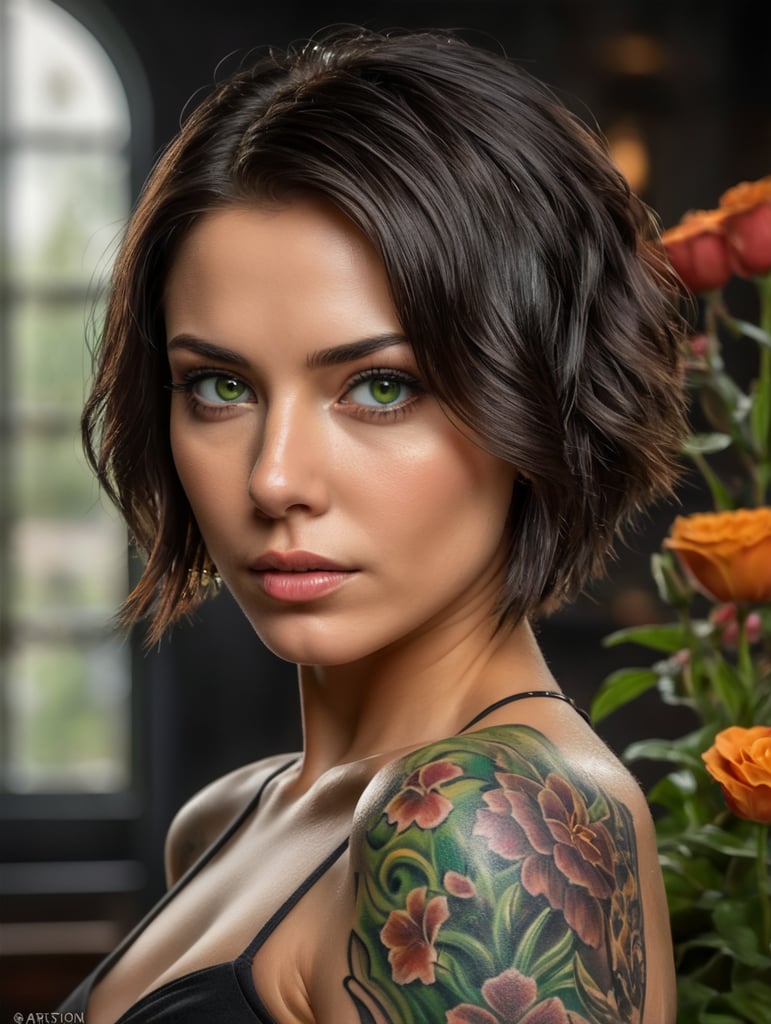 headshot lady with short dark pixy cut hair, green eyes, strapless shirt, tattoo on arm, realistic, smooth skin, painting, flowers in the background, dark moody, mistcal, dramatic