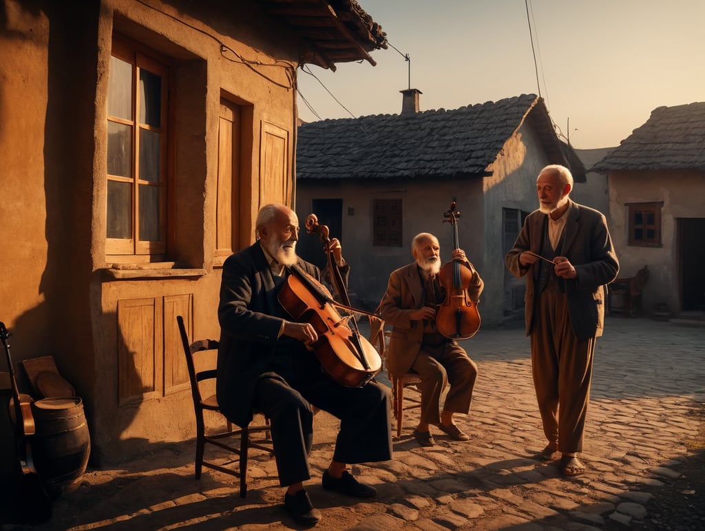 A Nostalgic Evening in the Shtetl, Late afternoon transitioning into early evening, Shtetl in Eastern Europe, Clear sky with a warm, golden sunset, Old Man playing a cello with deep emotion, Traditional Jewish attire including a kippah, Sitting on a wooden chair outside his home, Men dancing with fervor and playing instruments like violin, accordion, clarinet, Simple rustic clothing, Forming a circle around the old man, Children playing and dancing, On the outskirts of the circle, some imitating the adults, Women watching the scene, some clapping or singing, Traditional dresses, Standing near the homes, some peeking out of windows, Wide-angle shot, Sharp focus on the old man, softer focus on surrounding activities, Natural lighting from setting sun, casting long shadows and illuminating faces, High resolution, Joyful yet nostalgic