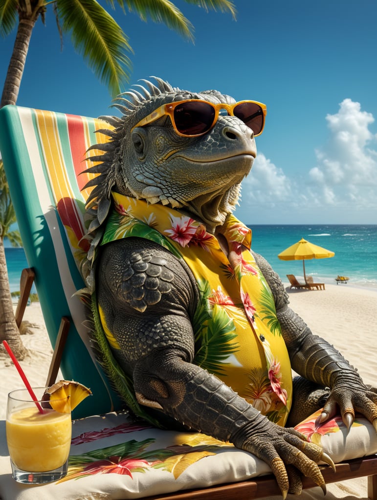 fat iguana laying on a sun bed on a caribbean beach with palm trees, wearing sunglasses and a hawaiian shirt, holding a pina colada