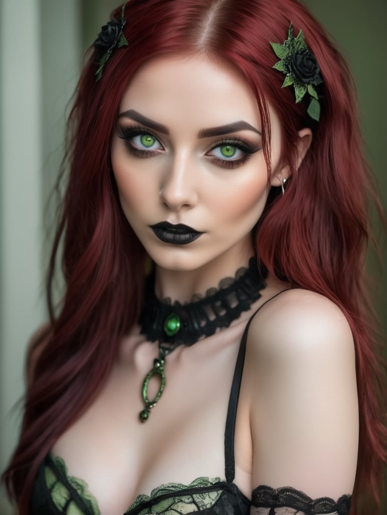 dark goth skinny petite chick in lingerie with blood red hair and green eyes