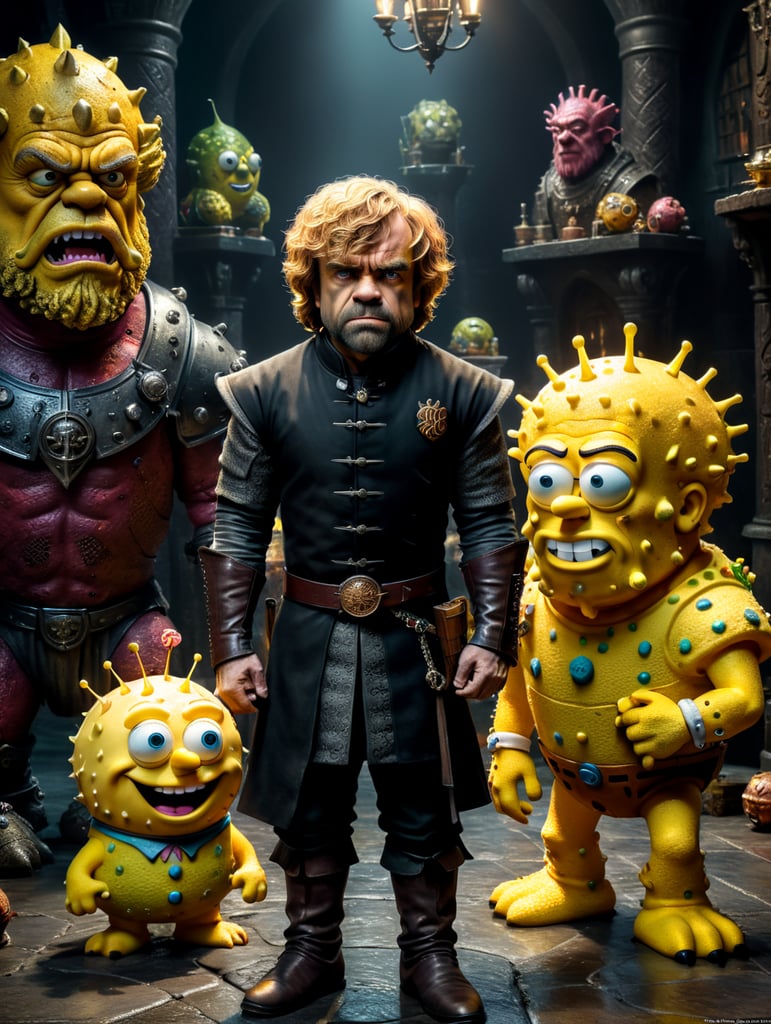 Tyrion Lannister stood next to spongebob mafia style