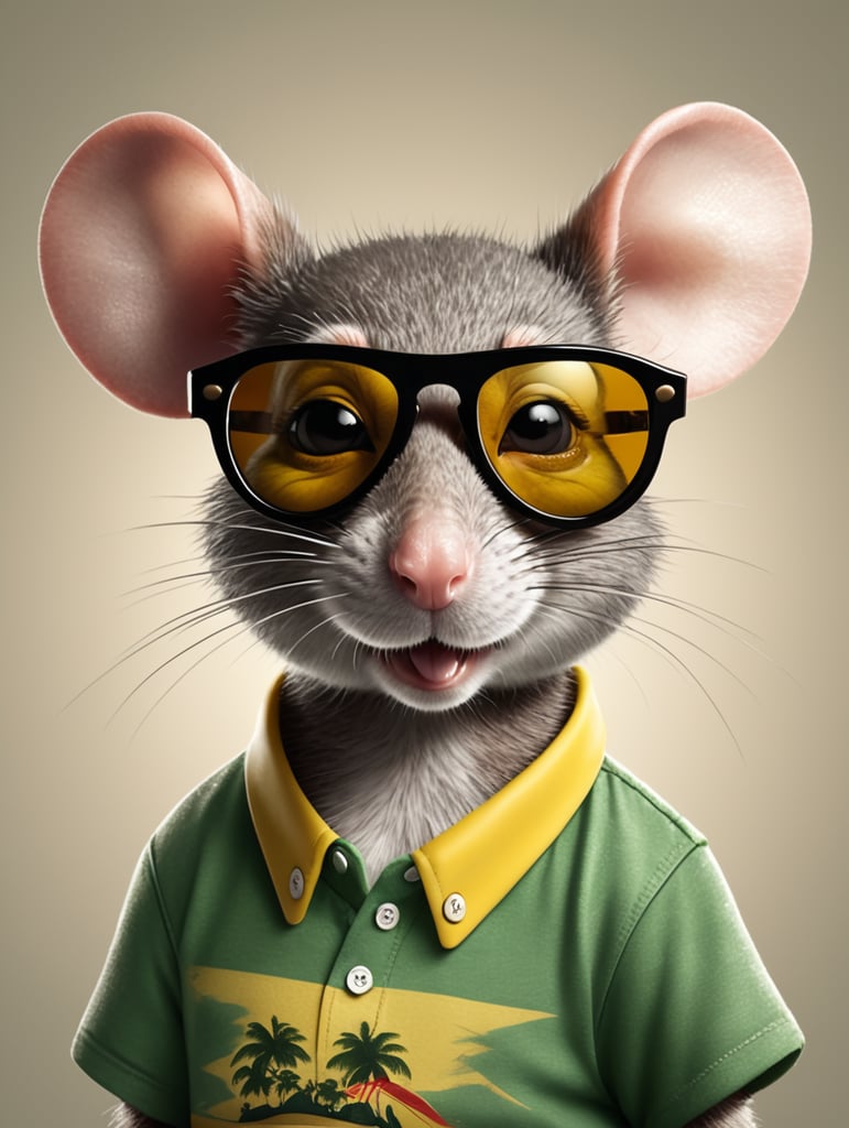 photorealistic, cartoon mouse in a Jamaican shirt and sunglasses