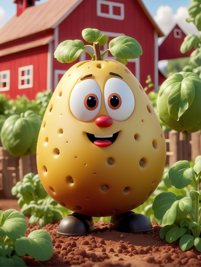 Funny but gloomy potato in the garden, on the shape of a farm with a red barn, professional shot, blurred bokeh background, sunny day, bright colors, sharp and clear details