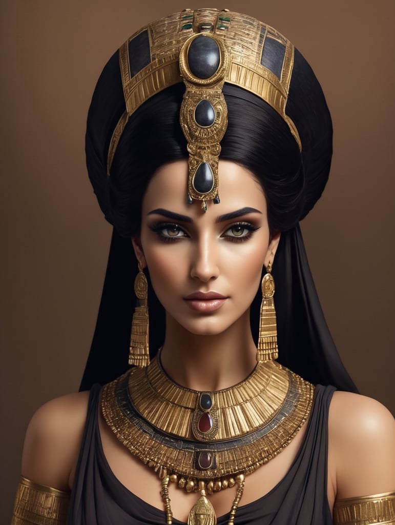 beautiful ancient egyptian queen, dark hair, dark cloth, head accessories