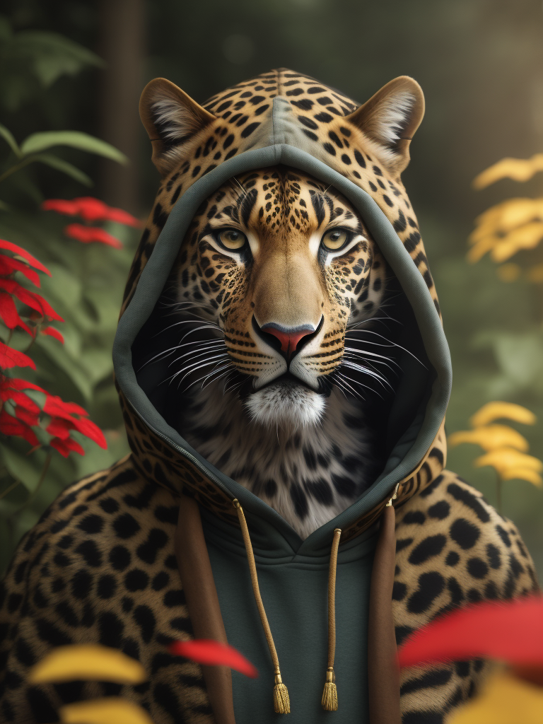 Realistic leopard in green hoodie, flowers and smile, elegant, fashion magazine, strong, powerful, green hoodie, sharp focus, highly detailed, bright and saturated colors, photography in studio, the photo should be waist-length
