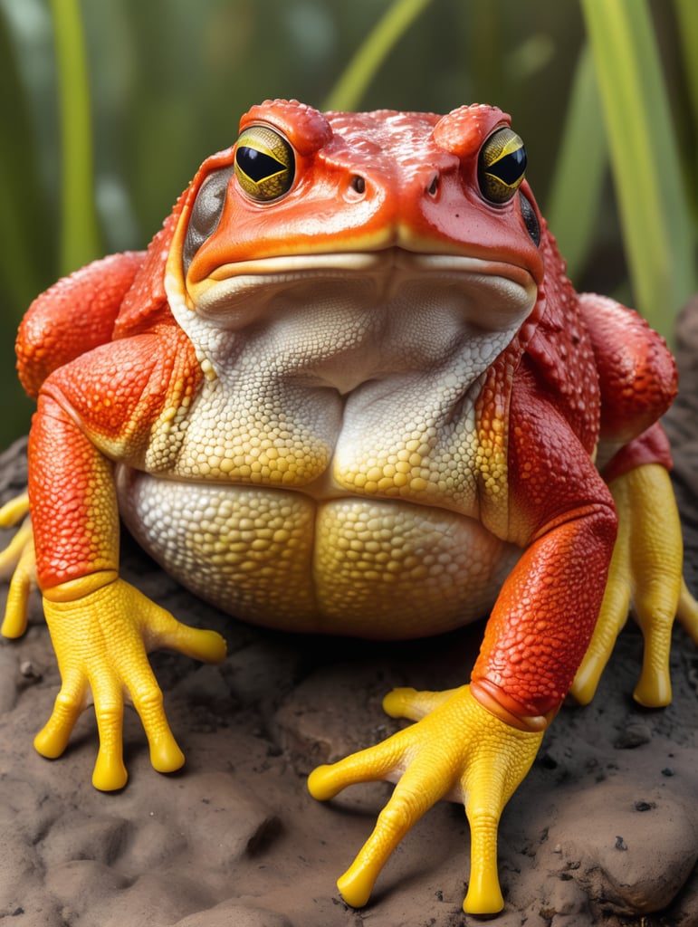 a realistic big red toad with yellow hands