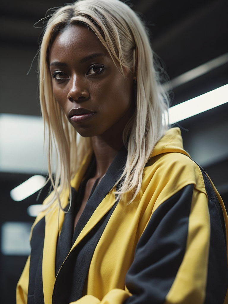 kill bill movie, a black women portrait wearing yellow robe, blood on her face