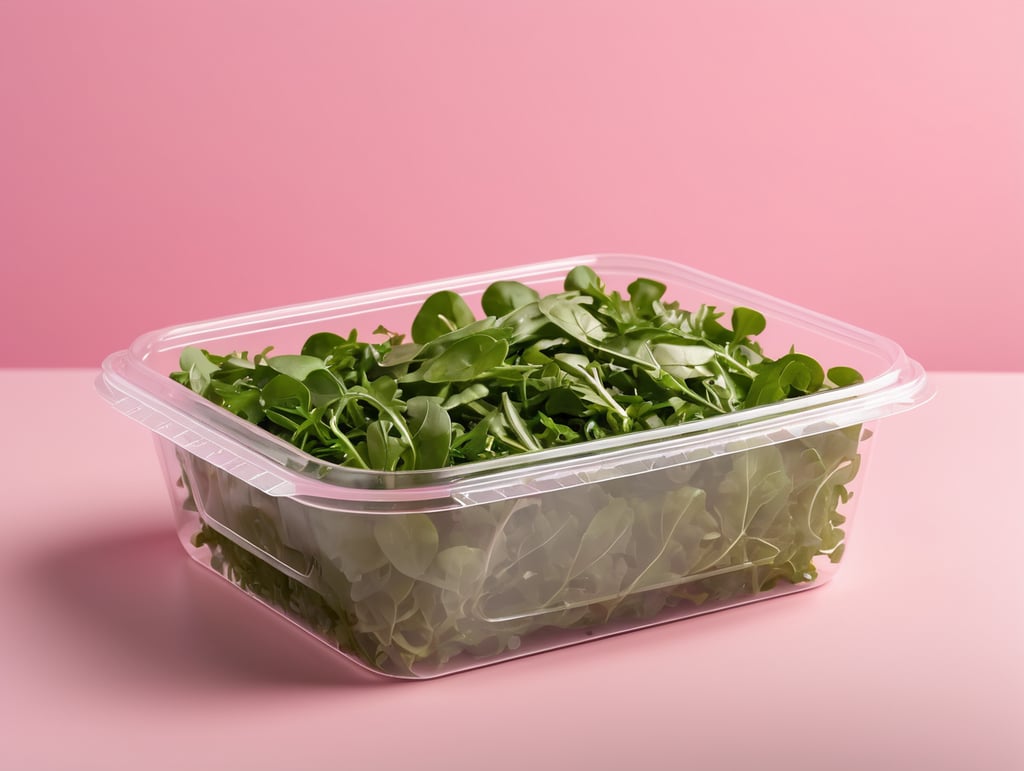 blank Transparent Plastic Container with Arugula Salad, isolated, pink background, Mockup, mock up