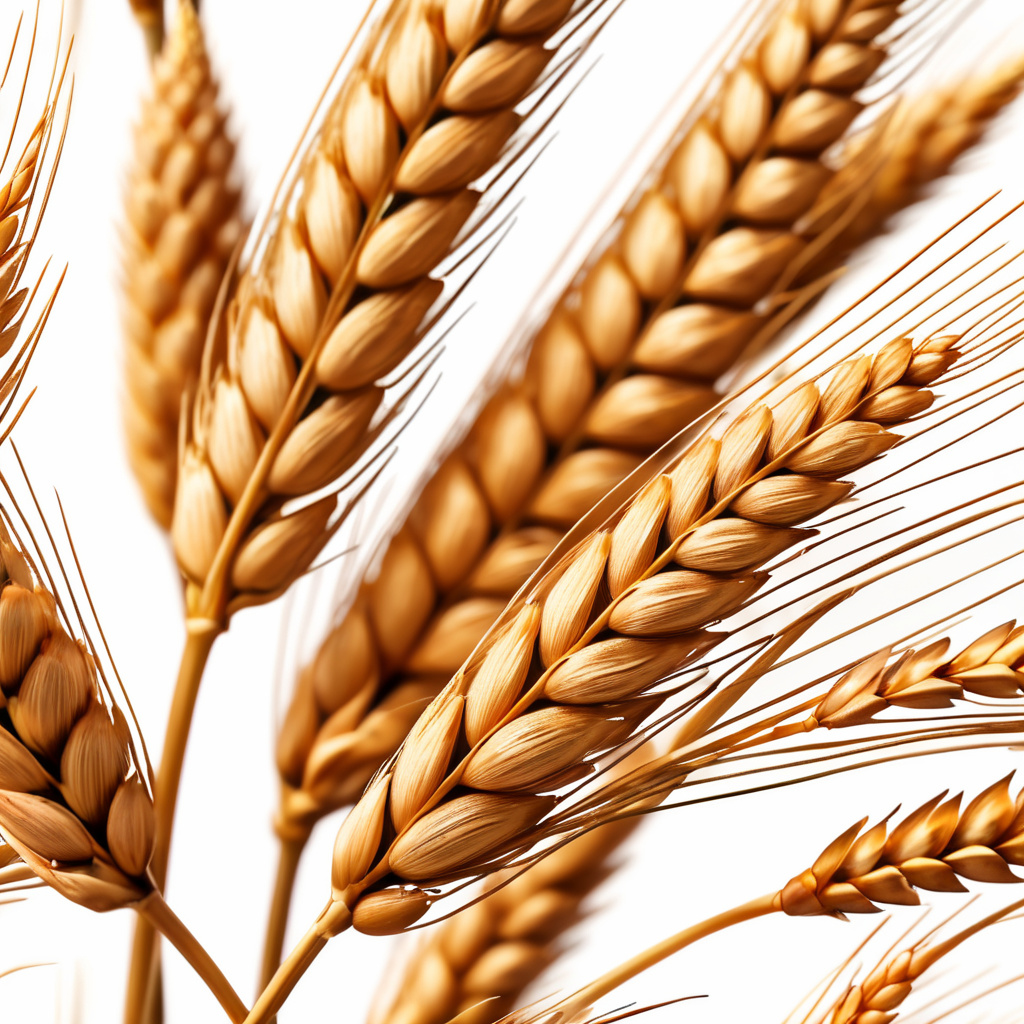 A realistic photo of a wheat ear, isolated, detailed, white background