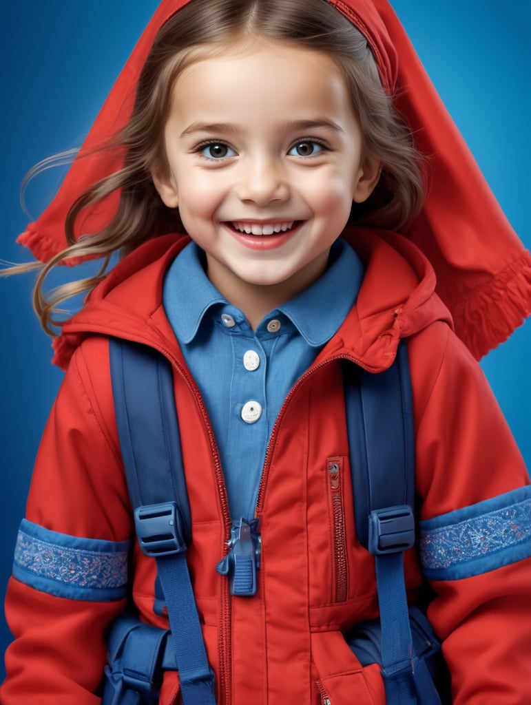 photo happy little girl going to travel, cute girl, dressed in all red, blue background, harpers bizarre, cover, headshot, hyper realistic