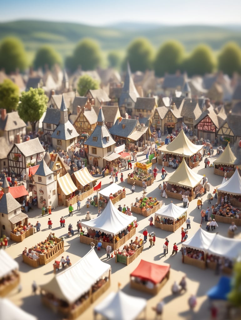 A medieval-inspired creative concept is depicted in a tilt-shift photograph capturing the joyful ambiance of a village fete and fair