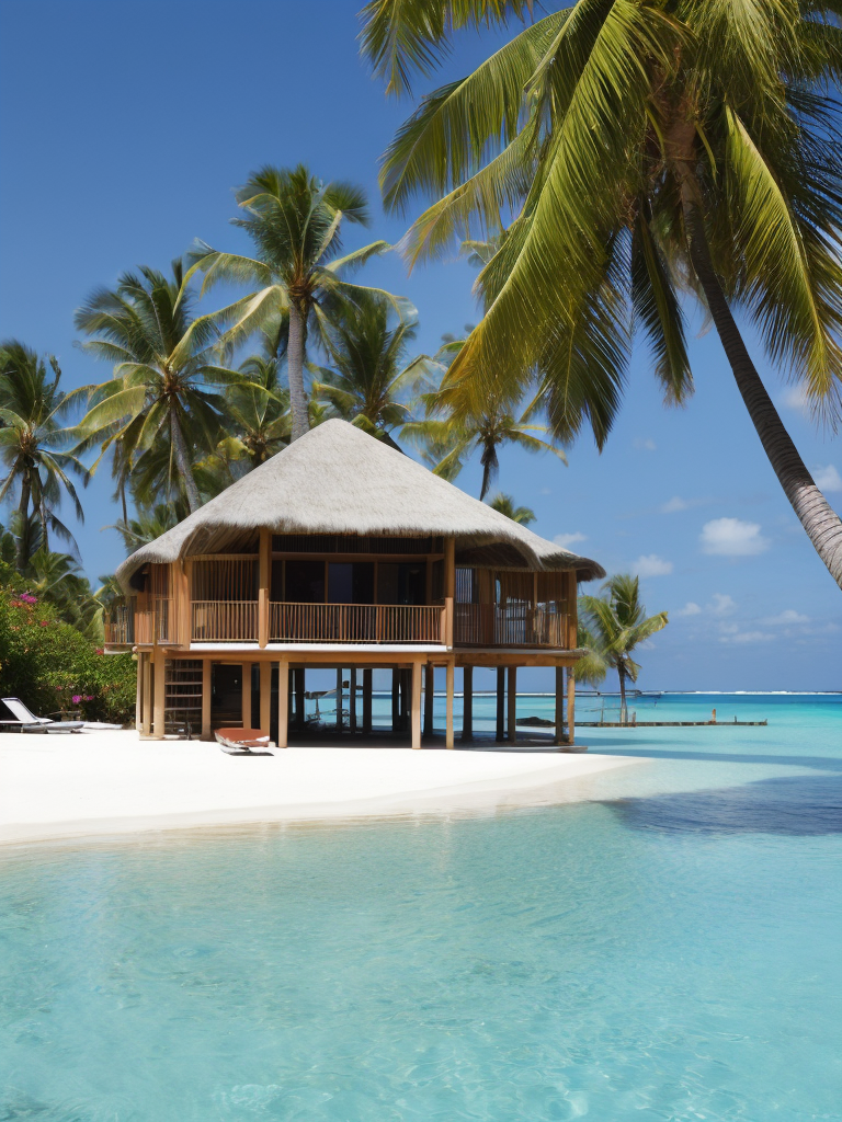 Over water villa in the maledives with the sun shining and some palms, Vibrant and rich colors, blue skies and azure oceans, photorealistic, contrast light, deep colors, Incredibly high detailed