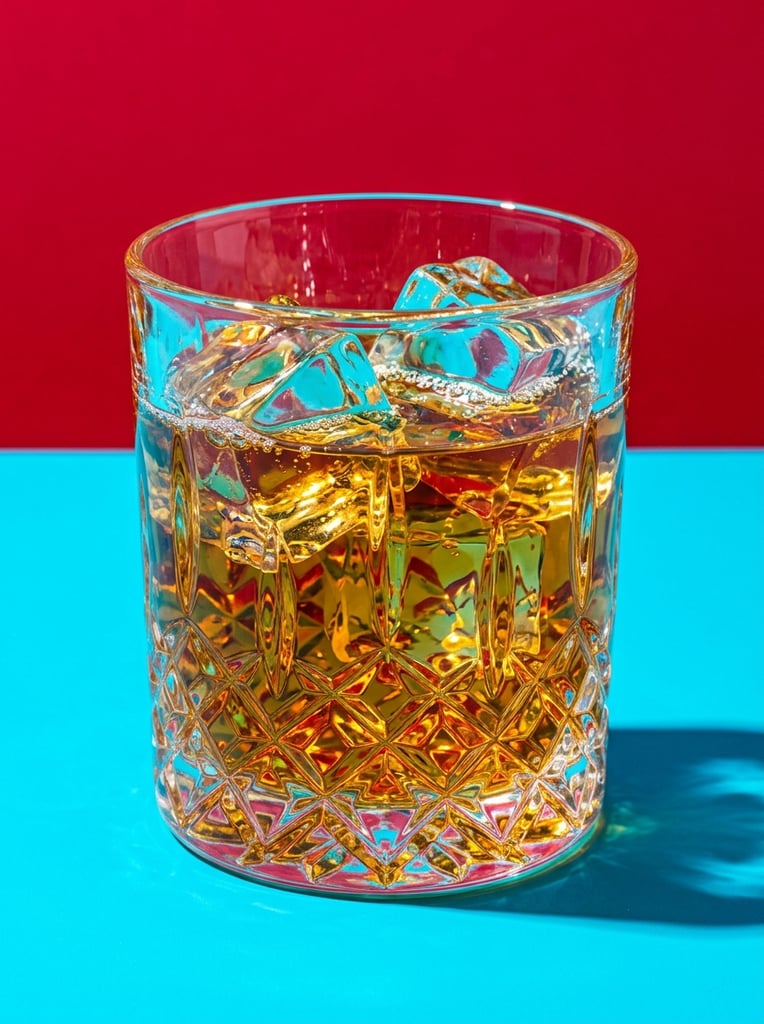A cut-crystal tumbler containing amber liquid and angular ice cubes sits on a vibrant cyan surface against a stark red backdrop. The glass features sharp diamond facets on its lower half, intensely refracting the golden beverage and the surrounding bold colors. Large irregular ice blocks float at the surface, catching sharp, high-contrast specular highlights. The minimalist environment is a horizontal color block divided evenly into a solid crimson top and a bright blue bottom. Harsh directional studio lighting creates a luminous jeweled effect within the highly textured glass, casting a crisp shadow to the right. The hyper-saturated macro composition evokes a bold pop-art aesthetic within a commercial still-life photograph.