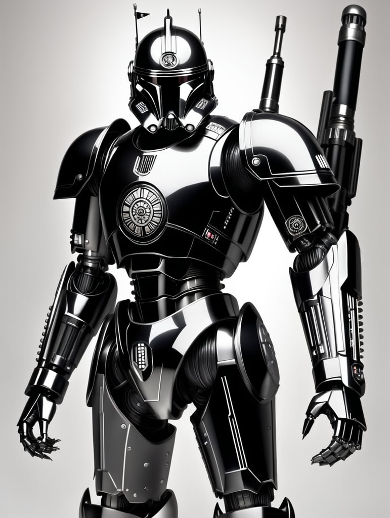 commando droid, star wars, full body, battle pose, shiny black and white armor, shiny silver light eyes