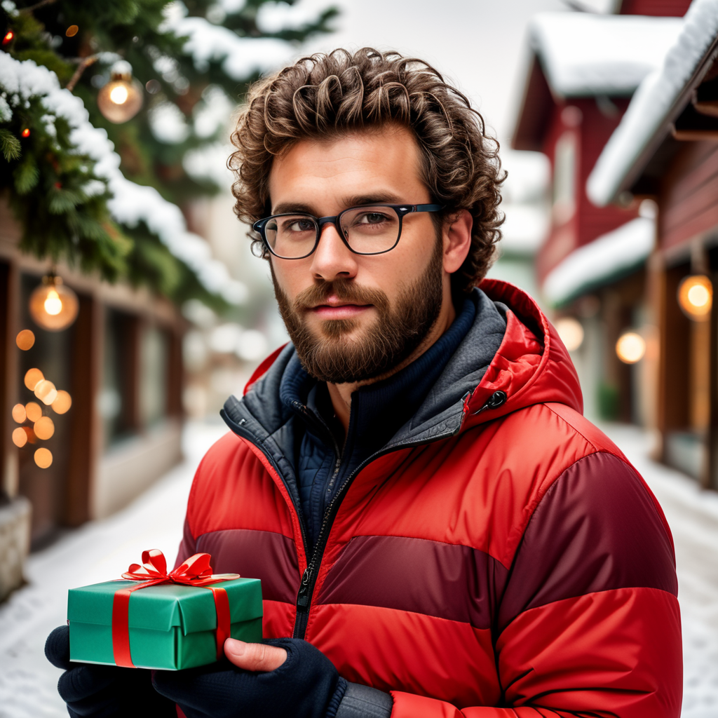 portrait of a bearded curly man wearing red puffer jacket, reeding glasses, stands front camera with gift box his hand, snowy weather, Christmas time, blurry background