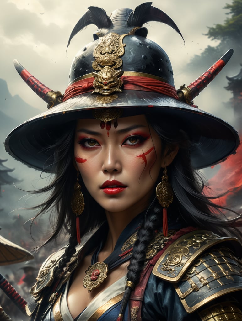 dark fantasy picture of samurai woman with wide hat, devilish, relentless