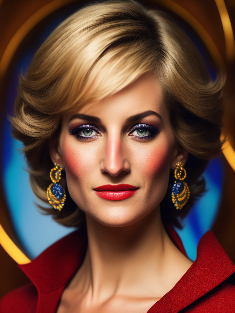 Portrait of Princess Diana, bright and saturated colors, elegant, highly detailed, vogue, fashion magazine, sharp focus, bright expressive makeup, dramatic lighting, depth of field, incredibly high detailed, blurred background