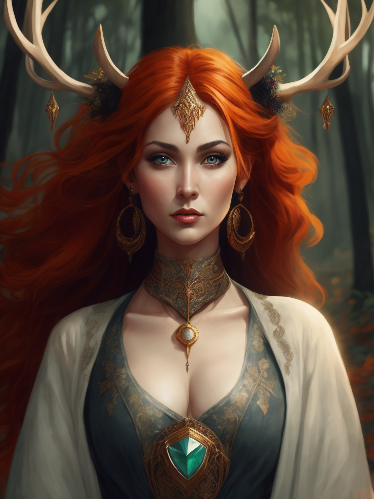 celtic pagan red haired woman wearing antlers on her head, regal goddess, beautiful, in a forest, wearing ancient goddess robes with celtic embroidery, has a staff, dark evening background