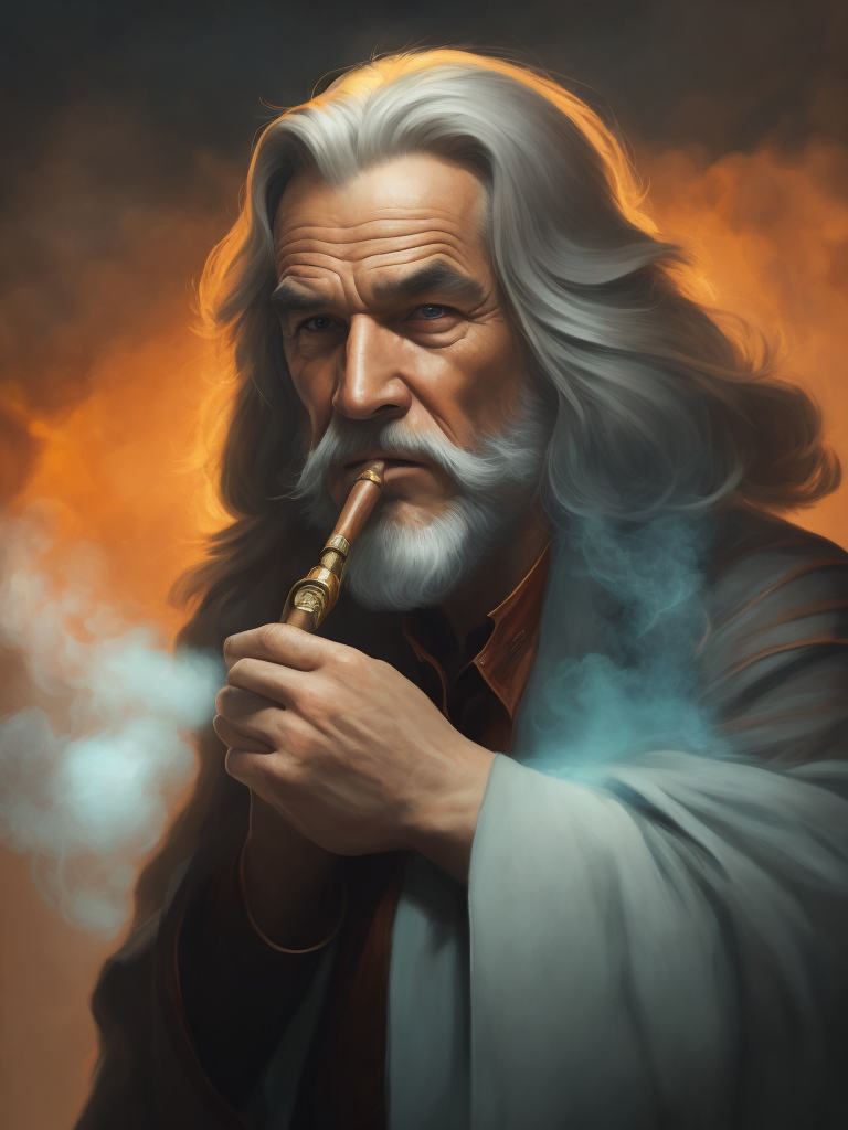 Leonardo da Vinci fumando um cachimbo e soprando anéis de fumaça, retrato, Jeff Bridges, ((estilo desenho animado)), senhor dos anéis, (((anéis de fumaça no fundo))), bokeh suave de tubo de fumo fumado, Atey Ghailan, de Jeremy Mann, Greg Manchess, Antonio Moro, tendência no ArtStation, tendência na CGSociety, Intrincado, Alto Detalhe, Foco nítido, arte de pintura dramática e fotorrealista de Midjourney e Greg Rutkowski, bokeh no fundo