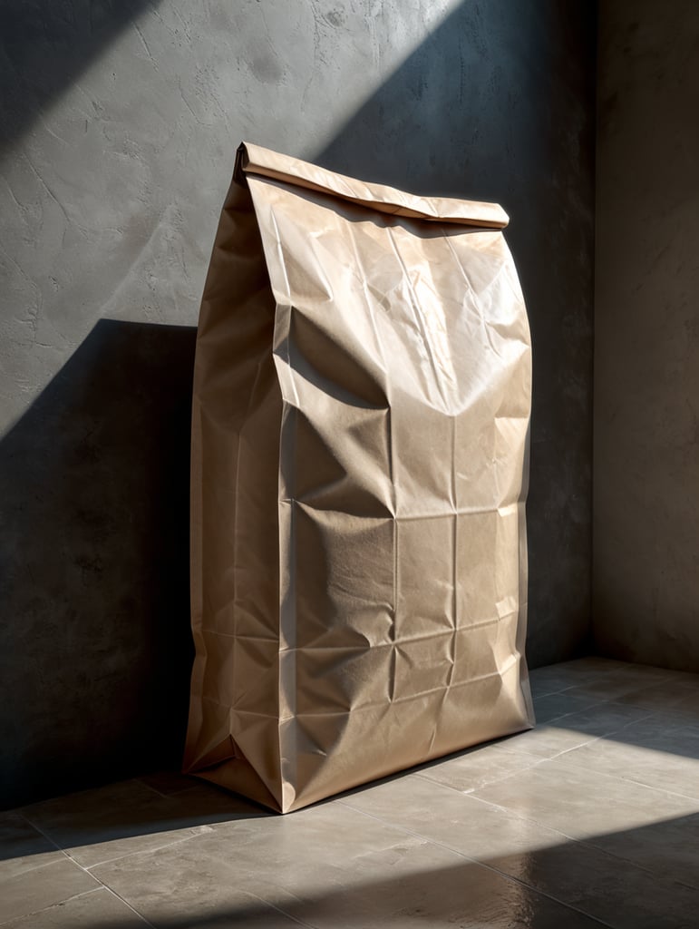 Cement paper bag with few folders and rounded corners. The bag is fully white with shadows and lights. There is a shadow behind the bag on the floor and on the wall