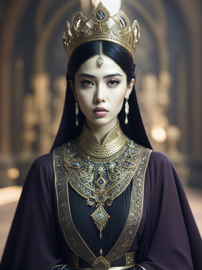 hyper-realistic, ultra-detailed photograph of rose blackpink with arabic fashion black cloak and gold crown in the Renaissance ottoman throne kingdom, photo realistic, golden jewelry, shiny, sunlight fractal details, depth of field, HOF, hall of fame, detailed gorgeous face, apocalyptic environment, natural body posture, professional photographer, captured with professional DSLR camera, trending on Artstation, 64k, ultra-detailed, ultra-accurate detailed, bokeh lighting, surrealism