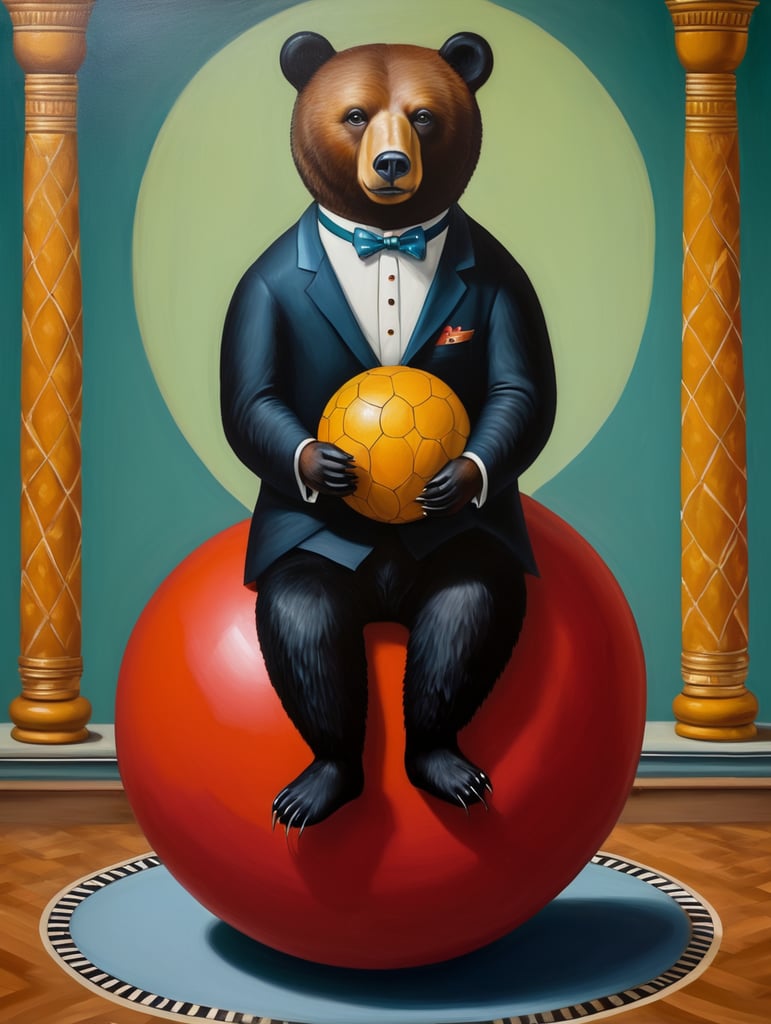 a bear on a ball, style of Catherine Nolin, Painting, Acrylic, Oil, Portrait, Interior, USA