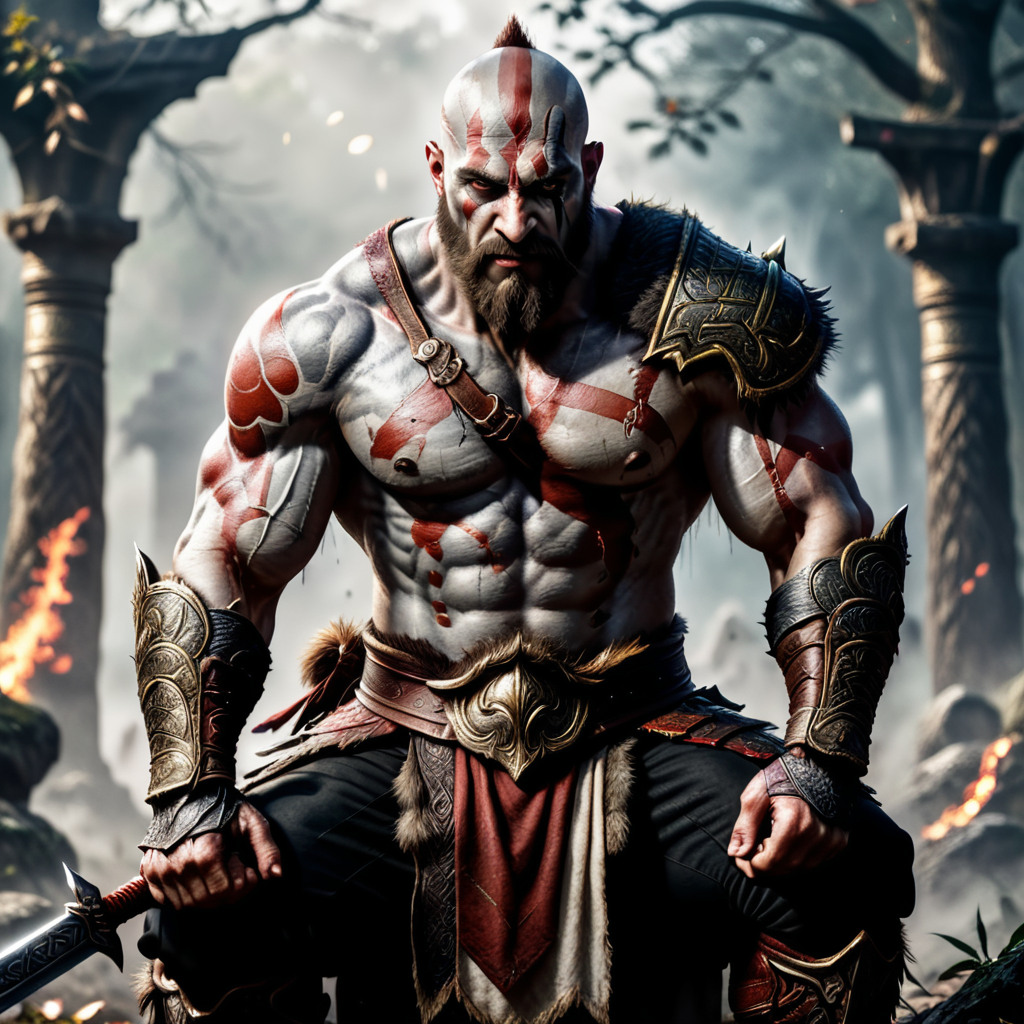 Draw me Kratos with blades of chaos, crying and kneeling on his knees after losing the fight.