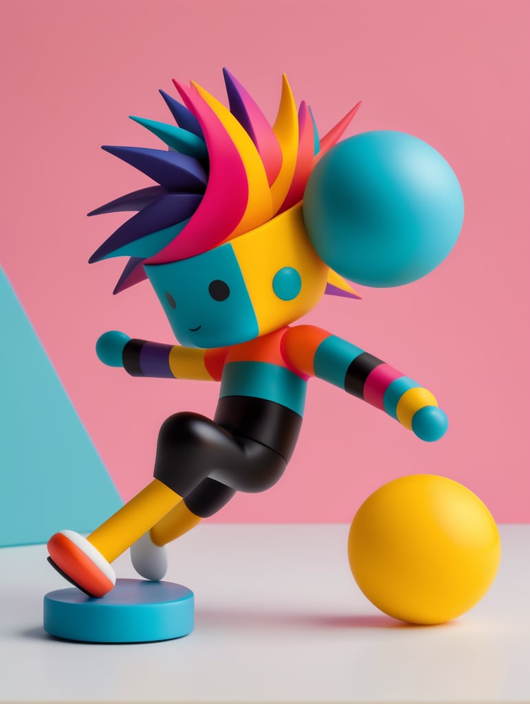 Vinil toy de un personaje skater con mucho pelo de colores vibrantes inspirados en el ballet triadico de la Bauhaus en un set design minimalista