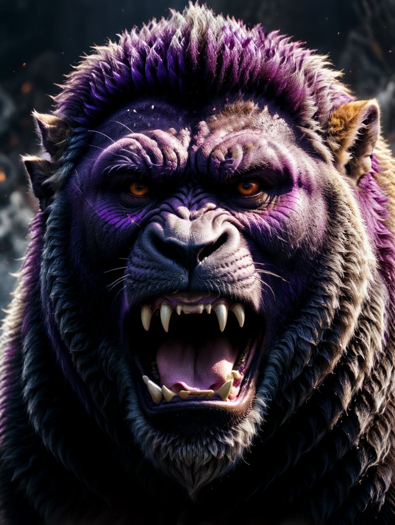 A close-up of the face of a purple gorilla with a lion's mane shouting on white background