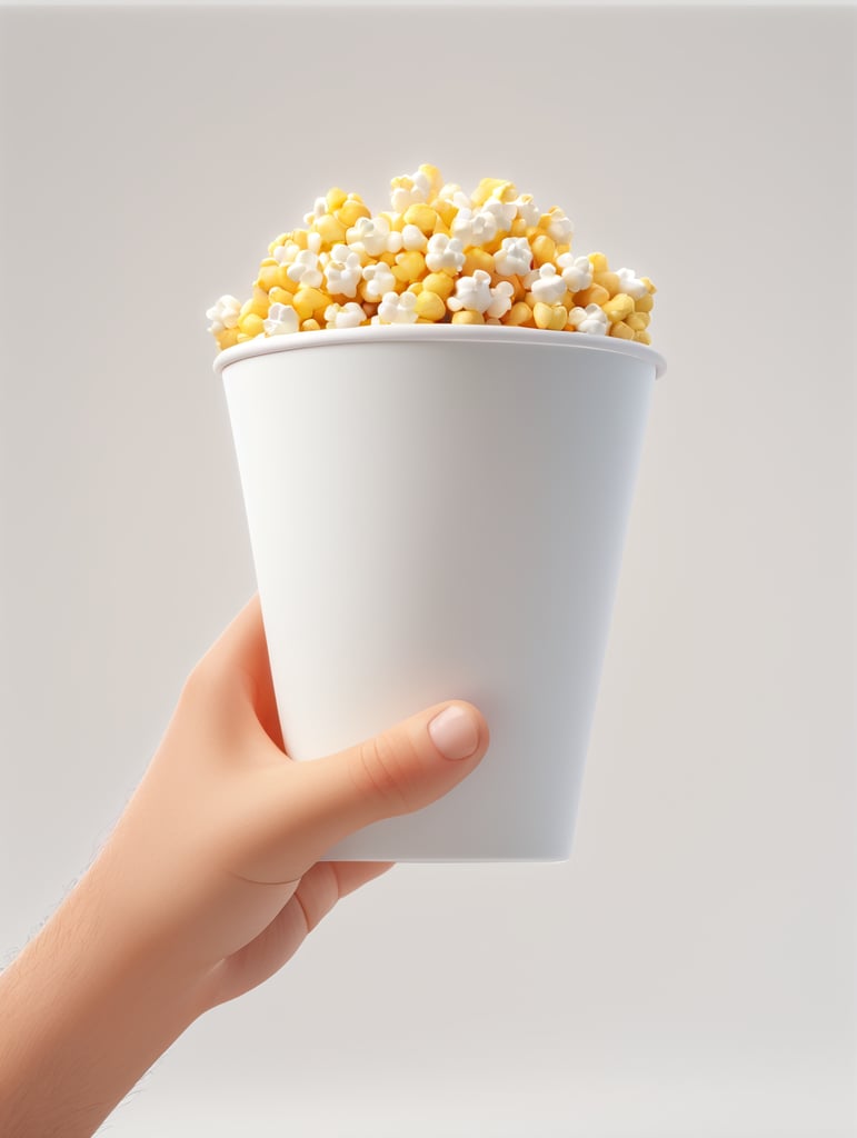 A cartoon hand is holding a popcorn cup, cartoon, 3d render, soft light, white background